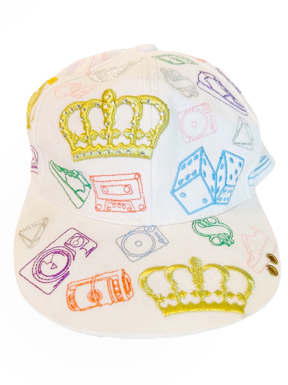 Y2K 2000s Leader Sports Cap Hat Flat Rim White Embroidered Multicolor Gold Crown